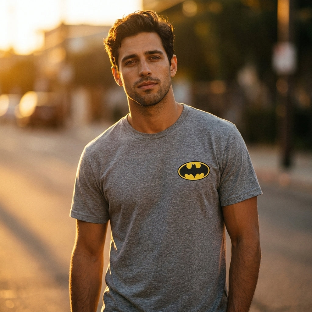 Camiseta Batman | Use the uploaded model image and uploaded clothing product images as the exact references.
