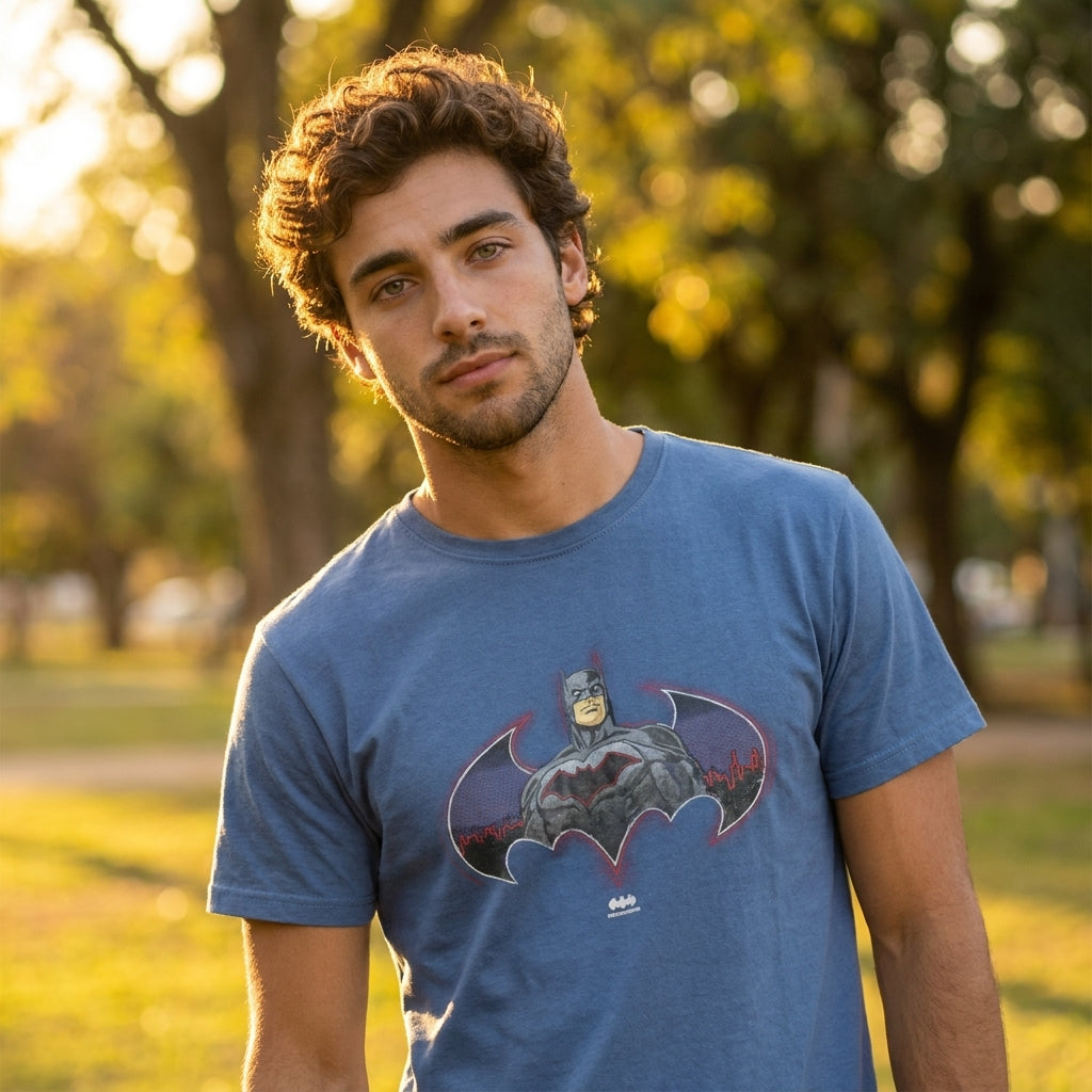 Camiseta Batman Vintage | Use the uploaded model image and uploaded clothing product images as the exact references.