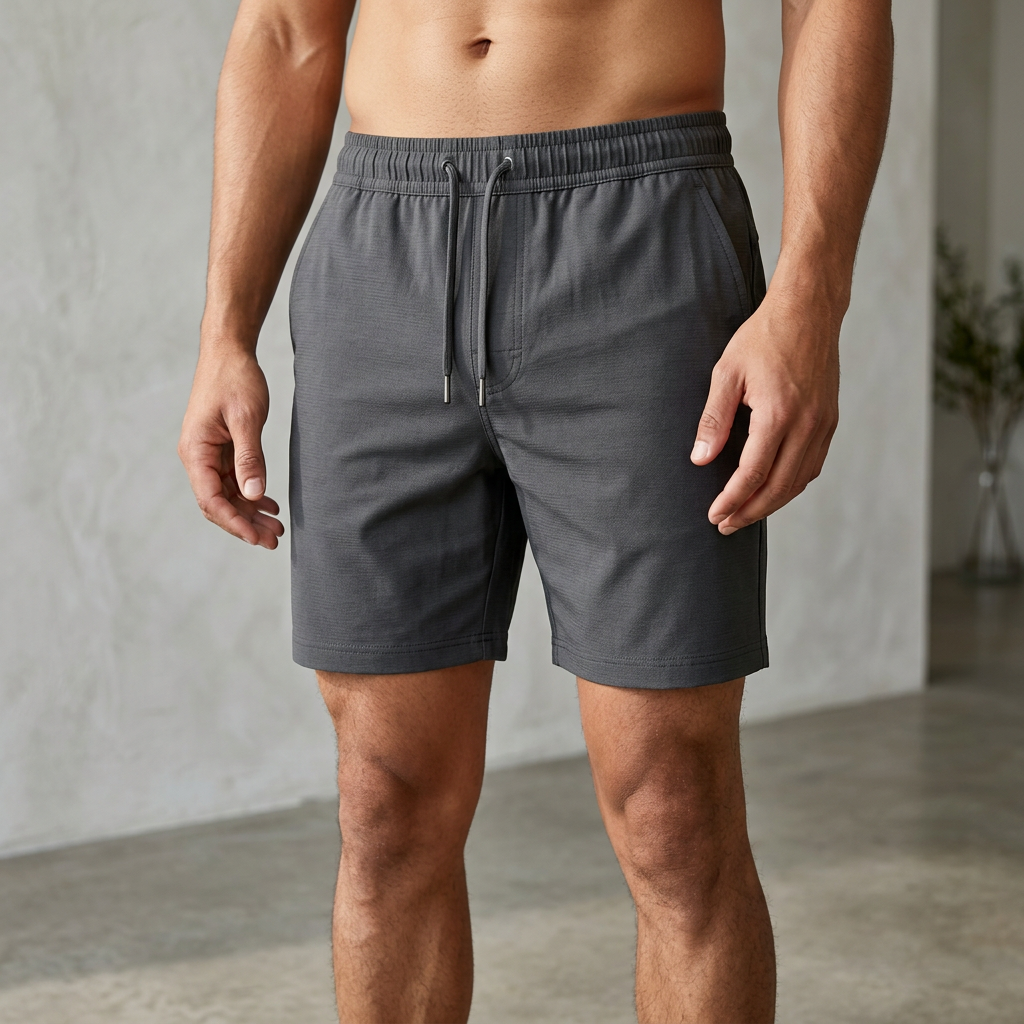 Close-up of a male model wearing trendy shorts, emphasizing fabric detail, texture, and fit against a neutral background.